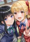  2girls :d arm_support artist_name bangs belt black_hair blonde_hair blue_belt blue_dress blue_ribbon blurry blurry_background blush collared_shirt commentary_request dress green_ribbon grey_dress hair_ribbon hand_up highres holding_hands inoue_takina long_hair long_sleeves lower_teeth_only lycoris_recoil lycoris_uniform multiple_girls neck_ribbon nishikigi_chisato niwata0 pleated_dress purple_eyes red_dress red_eyes red_ribbon ribbon shirt short_hair signature smile teeth tongue two-tone_dress v watermark white_shirt yuri 