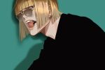  1boy absurdres ajuji_aju aqua_background bangs bleach blonde_hair blunt_bangs bob_cut earrings highres hirako_shinji jewelry looking_at_viewer male_focus open_mouth piercing short_hair simple_background sunglasses teeth tongue tongue_piercing 