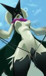  anthro areola bodily_fluids breasts clothed clothing convex-silicone female generation_9_pokemon genital_fluids genitals green_body hi_res looking_at_viewer meowscarada nintendo nipples open_mouth pokemon pokemon_(species) purple_eyes pussy pussy_juice solo underwear 