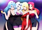 4girls absurdres alternate_breast_size alternate_costume bangs black_choker black_dress blonde_hair blue_hair breasts choker clair_(pokemon) cleavage closed_mouth collarbone commentary cup cynthia_(pokemon) dress earrings english_commentary eyelashes eyeshadow glass hair_between_eyes hair_ornament hair_over_one_eye highres holding holding_cup iharuluna jewelry karen_(pokemon) long_hair looking_at_viewer lorelei_(pokemon) makeup multiple_girls off-shoulder_dress off_shoulder parted_lips pokemon pokemon_(game) pokemon_dppt pokemon_frlg pokemon_hgss ponytail red_dress red_eyes red_shirt shirt side_slit skirt smile strapless strapless_shirt 