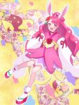  1girl animal_ears aosa_misosoup bangs choker cure_grace cure_grace_(partner_form) earrings flower hair_flower hair_ornament hanadera_nodoka healin&#039;_good_precure highres japanese_clothes jewelry kimono leaf_earrings magical_girl pink_choker pink_eyes pink_hair pink_kimono precure rabbit_ears solo tiara wide_sleeves 