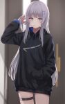  1girl absurdres bangs black_hoodie blue_eyes blunt_bangs blurry blurry_background cowboy_shot grey_hair hand_in_pocket hand_up highres hood hoodie legs long_hair long_sleeves looking_at_viewer original solo standing tanshio thighs very_long_hair 