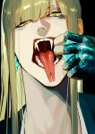 1boy absurdres ajuji_aju bangs black_background bleach blonde_hair blunt_bangs earrings fangs finger_in_own_mouth forked_tongue hand_up highres hirako_shinji japanese_clothes jewelry long_hair looking_at_viewer male_focus mouth_pull open_mouth portrait scales simple_background solo straight_hair tongue tongue_out uneven_eyes webbed_hands yellow_eyes 
