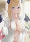  1girl blonde_hair blue_eyes breasts cleavage closed_mouth coffee_mug cup demon_girl demon_horns demon_wings gradient_hair haro_art holding holding_cup hololive horns large_breasts long_hair looking_at_viewer mug multicolored_hair navel open_clothes open_shirt shirt smile solo stomach very_long_hair virtual_youtuber white_shirt wings yuzuki_choco 