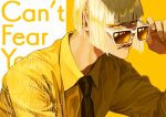  1boy absurdres ajuji_aju bangs black_necktie bleach blonde_hair blunt_bangs bob_cut collared_shirt english_text highres hirako_shinji long_neck male_focus necktie open_mouth out_of_frame removing_eyewear shirt short_hair sunglasses teeth yellow_eyes yellow_shirt 