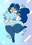  anthro big_breasts blue_body blue_hair breasts female generation_5_pokemon genitals green_eyes hair happy hi_res lewdchuu_(artist) mammal multicolored_eyes mustelid nintendo orange_eyes oshawott otter pokemon pokemon_(species) pussy shell solo star two_tone_eyes 