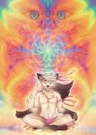  abstract_background anthro black_white_body canid canine canis claws clothed clothing colorful colorful_background eyes_closed fluffy fluffy_tail fur gold_(metal) gold_jewelry hi_res hybrid inner_ear_fluff jewelry kamin_(character) male mammal mandala meditating meditation partially_clothed pawpads paws piiu piiunivers psychedelic psychedelic_background sitting smile solo tail teeth tuft wolf 