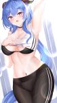  1girl absurdres ahoge arm_up armpits bangs bare_shoulders blue_hair blush breasts cleavage collarbone ganyu_(genshin_impact) genshin_impact highres horns kuro_(blackpgmickey) large_breasts long_hair looking_at_viewer navel open_mouth purple_eyes sidelocks solo thighs 