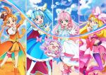  5girls baby bangs belt blonde_hair blue_eyes blue_hair bow closed_eyes cure_butterfly cure_prism cure_sky cure_wing earrings elbow_gloves eru-chan fingerless_gloves gloves green_eyes hair_bow hat highres hirogaru_sky!_precure jewelry long_hair magical_girl midriff mini_hat mini_top_hat multiple_girls nijigaoka_mashiro official_art one_eye_closed open_mouth orange_hair pink_hair pink_skirt precure promotional_art purple_eyes purple_hair red_eyes short_hair single_thighhigh skirt smile sora_harewataru thighhighs third-party_source top_hat twintails two_side_up v very_long_hair white_gloves 