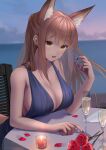  1girl animal_ear_fluff animal_ears arknights bare_shoulders blue_dress blue_nails blush breasts brown_hair candle chair champagne_flute cleavage cocktail_dress commentary_request commission cup dress drinking_glass ear_piercing flower franka_(arknights) large_breasts long_hair looking_at_viewer ocean open_mouth outdoors petals piercing red_flower red_rose rose rose_petals sidelocks sitting skeb_commission sky solo sthk table yellow_eyes 