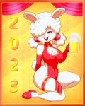  2023 alcohol anthro beer beer_mug beverage big_breasts breasts buckteeth cleavage clothed clothing female hair hair_over_eye hi_res lagomorph leporid lonbluewolf looking_at_viewer mammal narrowed_eyes one_eye_obstructed open_mouth rabbit solo teeth 