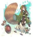  1girl :3 absurdres animal_ears bangs brown_kimono checkered_clothes checkered_scarf closed_mouth crossover full_body futatsuiwa_mamizou glasses gourd green_kimono highres holding_gourd japanese_clothes kimono leaf leaf_on_head league_of_legends long_hair long_sleeves penglai_tea raccoon_ears raccoon_girl raccoon_tail scarf signature smile socks solo tabi tail tanuki teemo touhou transparent_background white_socks zouri 