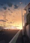  anyotete building chain-link_fence cloud fence guard_rail highres house no_humans orange_sky original outdoors power_lines road scenery sky street sunset transmission_tower utility_pole 