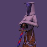  alien breasts clothing dress female hi_res hood humanoid long_neck meandraco purple_body purple_skin simple_background solo staff standing topwear 