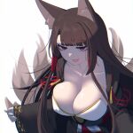  1girl akagi_(azur_lane) akaoni_(zumt3548) animal_ears azur_lane bangs black_kimono breasts brown_hair cleavage collarbone eyeliner eyeshadow fox_ears fox_girl fox_tail highres japanese_clothes kimono kitsune kyuubi large_breasts long_hair long_sleeves looking_at_viewer makeup multiple_tails obi red_eyes sash simple_background sleeves_past_wrists smile smug solo tail white_background wide_sleeves 