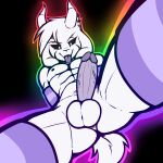  1:1 2023 abs anthro asriel_dreemurr asriel_dreemurr_(god_form) balls bangs bedroom_eyes black_background black_sclera boss_monster bovid butt caprine clothing crackers erection facial_markings fluffy fluffy_tail fur genitals hands_behind_back head_markings horn legwear long_ears looking_at_viewer looking_down_at_viewer low-angle_view male mammal markings multicolored_outline muscular narrowed_eyes nipples nude outline penis purple_clothing purple_legwear purple_penis purple_thigh_highs rainbow_outline seductive simple_background smile solo tail thigh_highs tongue tongue_out undertale undertale_(series) white_body white_fur 