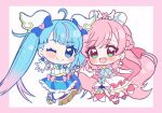  2girls bangs blsh blue_bow blue_eyes blue_hair bow cure_prism cure_sky dress earrings glove_bow gradient_hair green_eyes hair_bow highres hirogaru_sky!_precure jewelry magical_girl multicolored_hair multiple_girls nijigaoka_mashiro one_eye_closed pink_hair precure smile sora_harewataru umiyuki_(umi_chu) white_bow white_dress wing_hair_ornament 