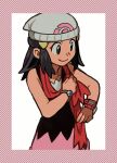  1girl adjusting_scarf beanie black_eyes black_hair black_shirt border bracelet closed_mouth commentary_request dawn_(pokemon) elizabeth_(tomas21) hair_ornament hairclip hand_on_hip hand_up hat highres jewelry long_hair pink_skirt poke_ball_print pokemon pokemon_(game) pokemon_dppt poketch red_scarf scarf shirt skirt sleeveless sleeveless_shirt smile solo watch white_headwear wristwatch 