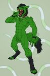  abs anthro black_claws black_hair black_nose blue_eyes canid cheek_tuft chest_tuft claws crotch_tuft dipstick_tail ears_back facial_tuft fangs finger_claws fluffy fluffy_tail full-length_portrait fur glistening glistening_eyes green_body green_fur hair hi_res leg_markings male mammal markings muscular muscular_anthro muscular_male nude pecs pivoted_ears portrait red_tongue riorix short_hair shoulder_tuft simple_background socks_(marking) solo standing tail tail_markings tan_teeth teeth tongue tuft 