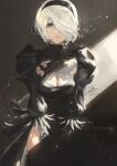  1girl aqua_eyes black_dress black_hairband breasts cleavage dress fadingz hair_over_one_eye hairband highres lips long_sleeves looking_at_viewer medium_breasts mole mole_under_mouth nier_(series) nier_automata pixiv_id puffy_long_sleeves puffy_sleeves short_hair signature solo white_hair yorha_no._2_type_b 