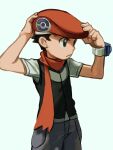  1boy baggy_pants beret black_eyes black_hair black_vest bracelet closed_mouth commentary_request elizabeth_(tomas21) frown grey_pants hands_on_headwear hat highres jewelry lucas_(pokemon) male_focus orange_headwear orange_scarf pants poke_ball_print pokemon pokemon_(game) pokemon_dppt poketch scarf shirt short_hair short_sleeves simple_background solo vest watch white_background white_shirt wristwatch 