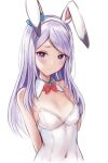  1girl animal_ears bangs blush bow bowtie breasts closed_mouth frown horse_girl leotard light_purple_hair long_hair looking_at_viewer medium_breasts mejiro_mcqueen_(umamusume) nannacy7 purple_eyes rabbit_ears red_bow red_bowtie simple_background solo strapless strapless_leotard umamusume white_background white_leotard wrist_cuffs 