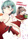  2girls aqua_hair blue_eyes brown_hair capelet dress from_behind fur-trimmed_capelet fur-trimmed_dress fur_trim gift hair_ornament hairclip kantai_collection kumano_(kancolle) long_hair merry_christmas multiple_girls official_alternate_costume ponytail red_capelet red_dress suzuya_(kancolle) teramoto_kaoru white_background 