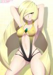  1girl absurdres adapted_costume armpits arms_behind_head bangs blonde_hair blunt_bangs breasts collar commentary covered_nipples cowboy_shot diamond_(shape) eyelashes gem green_eyes green_gemstone hair_over_one_eye highres iharuluna long_hair looking_at_viewer lusamine_(pokemon) navel one-piece_swimsuit parted_lips pixiv_id pokemon pokemon_(game) pokemon_sm smile solo swimsuit twitter_username very_long_hair watermark yellow_one-piece_swimsuit 