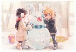  1boy 1girl black_hair blonde_hair blue_eyes blush boots bucket chocobo cloud_strife coat commentary_request earmuffs female_child final_fantasy final_fantasy_vii final_fantasy_vii_remake full_body gloves holding holding_stick long_hair male_child minato_(ct_777) moogle outdoors red_eyes red_scarf scarf snow snow_bunny snowman spiked_hair standing stick tifa_lockhart twitter_username winter_clothes winter_coat 