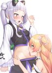  2girls ajishio_(loli_king) bangs bare_shoulders blonde_hair blunt_bangs blush green_eyes grey_hair hair_bun hand_on_another&#039;s_hip highres hololive licking licking_navel licking_stomach long_hair long_sleeves looking_at_another looking_down midriff momosuzu_nene multiple_girls murasaki_shion open_mouth saliva stomach tongue tongue_out twintails very_long_hair vest virtual_youtuber wide_sleeves yellow_eyes yuri 