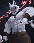  2023 anthro black_sclera bottomwear bulge canid canine canis clothing croiyan death_(puss_in_boots) digital_media_(artwork) dual_wielding genital_outline hi_res holding_object holding_weapon licking licking_lips looking_at_viewer male mammal muscular muscular_anthro muscular_male nipples pants red_eyes solo tongue tongue_out weapon wolf 