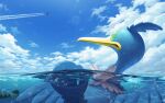  afloat aircraft airplane arrokuda bird closed_mouth cloud commentary_request cramorant day fish green_eyes highres no_humans outdoors partially_underwater_shot pokemon pokemon_(creature) rend sky water 