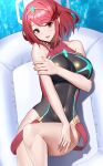  1girl :d absurdres air_mattress bangs bare_shoulders collarbone competition_swimsuit covered_navel highres impossible_clothes impossible_swimsuit leg_up looking_at_viewer lying neon_trim northman official_alternate_costume on_back one-piece_swimsuit open_mouth pyra_(pro_swimmer)_(xenoblade) pyra_(xenoblade) red_eyes red_hair short_hair smile solo swept_bangs swimsuit tiara xenoblade_chronicles_(series) xenoblade_chronicles_2 