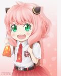  1girl absurdres anagatajavanese anya_(spy_x_family) backpack bag bangs belt brown_bag child female_child green_eyes hairpods highres indonesian_elementary_school_uniform necktie open_mouth pink_hair red_necktie red_skirt school_uniform shirt skirt spy_x_family 