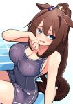  1girl absurdres animal_ears bare_shoulders blue_eyes breasts brown_hair cleavage ear_ornament el_condor_pasa_(umamusume) highres horse_ears horse_girl horse_tail large_breasts long_hair looking_at_viewer no_eyewear one-piece_swimsuit open_mouth petoka ponytail sitting solo swimsuit tail tracen_swimsuit umamusume 