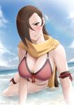  1girl alternate_costume beach bikini blue_sky blush breasts brown_eyes brown_hair cleavage cloud commentary_request day fire_emblem fire_emblem_fates hair_over_one_eye highres homomomomon kagero_(fire_emblem) large_breasts lips long_hair looking_at_viewer navel one_eye_covered outdoors pink_bikini pink_lips red_bikini scarf sitting sky solo stomach sunlight swimsuit twitter_username very_long_hair water wet yellow_scarf 