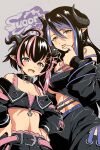  2girls 774_inc. ahoge alternate_eye_color bangs belt belt_collar black_bandeau black_belt black_hair black_jacket black_skirt black_sleeves blue_belt blue_hair blush bra breasts bright_pupils brown_eyes chest_belt cleavage collar commentary_request copyright_name cowboy_shot cropped_jacket curled_horns demon_girl demon_horns detached_sleeves earrings fangs flat_chest flower grey_horns hair_between_eyes hair_flower hair_ornament hair_ribbon hebiyoi_tier highres horns jacket jewelry long_hair long_sleeves looking_at_viewer medium_breasts midriff multicolored_hair multiple_girls nantyu-a navel off_shoulder oinomori_may one_side_up open_clothes open_jacket open_mouth pink_bra pink_eyes pink_hair pink_ribbon pointy_ears ribbon sidelocks single_earring skirt sleeveless sleeveless_jacket smile snake_bite sugar_lyric two-tone_hair underwear virtual_youtuber white_pupils 