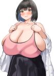  1girl absurdres bangs black_hair black_skirt blue_hair blush bob_cut bra breasts brown_eyes cleavage collarbone colored_inner_hair commentary_request gigantic_breasts hair_ornament hairclip highres long_sleeves looking_at_viewer multicolored_hair neneneji open_mouth original pink_bra pleated_skirt shirt short_hair simple_background skindentation skirt solo standing two-tone_hair underwear white_background white_shirt 