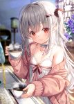  1girl bangs blurry blurry_background closed_mouth coffee collarbone commentary_request cup day depth_of_field dress flat_chest flower frilled_dress frills fujima_takuya grey_hair hair_between_eyes holding holding_cup indoors isekai_ni_tobasaretara_papa_ni_nattandaga jacket long_hair long_sleeves off_shoulder open_clothes open_jacket orurea_(isepapa) pink_jacket puffy_long_sleeves puffy_sleeves purple_flower red_eyes sleeveless sleeveless_dress sleeves_past_wrists smile solo steam sunlight two_side_up very_long_hair white_dress window 