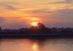  absurdres city cityscape cloud evening highres lake no_humans orange_sky original power_lines scenery sky sumassha_t_t sunset utility_pole water 