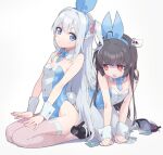  2girls all_fours animal_ears black_footwear black_hair blue_archive blue_eyes blue_leotard breasts detached_collar fake_animal_ears fake_tail grey_hair grey_pantyhose high_heels leotard long_hair machico_maki miyako_(blue_archive) miyu_(blue_archive) multiple_girls open_mouth pantyhose playboy_bunny rabbit_ears rabbit_tail red_eyes shoes simple_background sitting small_breasts tail tearing_up thighhighs white_background wrist_cuffs 