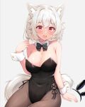  1girl alternate_costume animal_ears black_leotard breasts brown_pantyhose cleavage fake_animal_ears grey_background inubashiri_momiji large_breasts leotard looking_at_viewer open_mouth pantyhose playboy_bunny rabbit_ears red_eyes rururiaru short_hair simple_background solo tail touhou white_hair wolf_ears wolf_girl wolf_tail 