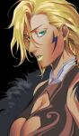  1girl aqua_eyes black_background bleach blonde_hair breasts dark_skin earrings facial_mark from_side fur_trim hair_between_eyes highres jewelry large_breasts looking_at_viewer medium_hair open_mouth parted_lips simple_background tier_harribel tobu_0w0 