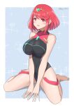  1girl :d absurdres bangs bare_shoulders barefoot black_one-piece_swimsuit blush breasts chest_jewel commentary_request competition_swimsuit covered_navel earrings full_body gem headpiece highres jewelry large_breasts looking_at_viewer one-piece_swimsuit pyra_(pro_swimmer)_(xenoblade) pyra_(xenoblade) red_eyes red_hair red_one-piece_swimsuit ryochan96154 short_hair sitting smile solo swept_bangs swimsuit tiara two-tone_swimsuit wariza xenoblade_chronicles_(series) xenoblade_chronicles_2 