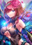  1girl armpits bangs bare_shoulders blue_eyes breasts butterfly_wings cleavage cleavage_cutout clothing_cutout detached_sleeves dress facial_mark fairy_wings fire_emblem fire_emblem_heroes flower hair_flower hair_ornament hair_over_one_eye hair_vines highres large_breasts liszodow looking_at_viewer petals plant purple_hair red_flower red_rose rose rose_petals short_hair skin_tight solo sparkle thorns triandra_(fire_emblem) underboob upper_body vines wings 