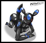  all_fours big_breasts breasts clothing eeveelution female generation_2_pokemon hi_res latex looking_at_viewer nintendo nitefire pokemon pokemon_(species) red_sclera rubber rubber_clothing rubber_suit shiny_pokemon simple_background solo umbreon white_background zipper 