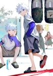  1boy 2girls absurdres alluka_zoldyck bangs blood blood_on_shoes blood_splatter blood_stain blue_shirt closed_mouth hands_in_pockets highres hunter_x_hunter killua_zoldyck kyuuba_melo layered_sleeves long_sleeves looking_at_viewer multiple_girls senritsu shirt short_hair short_over_long_sleeves short_sleeves signature slippers smile spiked_hair v-neck white_hair white_shirt 