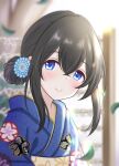  1girl absurdres black_hair blue_eyes blue_kimono blush closed_mouth commentary commentary_request floral_print flower hair_flower hair_ornament hair_up hanilz highres idolmaster idolmaster_cinderella_girls japanese_clothes kimono looking_at_viewer sagisawa_fumika smile solo upper_body 