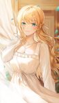  1girl absurdres bangs blonde_hair blurry blurry_background blush breasts brown_dress curtains dress green_eyes hand_up highres indoors large_breasts long_hair long_sleeves mole mole_under_eye original petals smile solo youwon0417 