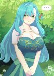 ... 1girl absurdres aqua_hair bangs braid breasts chloe_(fire_emblem) cleavage dress fire_emblem fire_emblem_engage flower foliage green_dress green_eyes green_ribbon hair_ornament highres huge_breasts jewelry long_hair mgnk33 necklace outdoors own_hands_together ribbon side_braid single_braid smile solo speech_bubble 